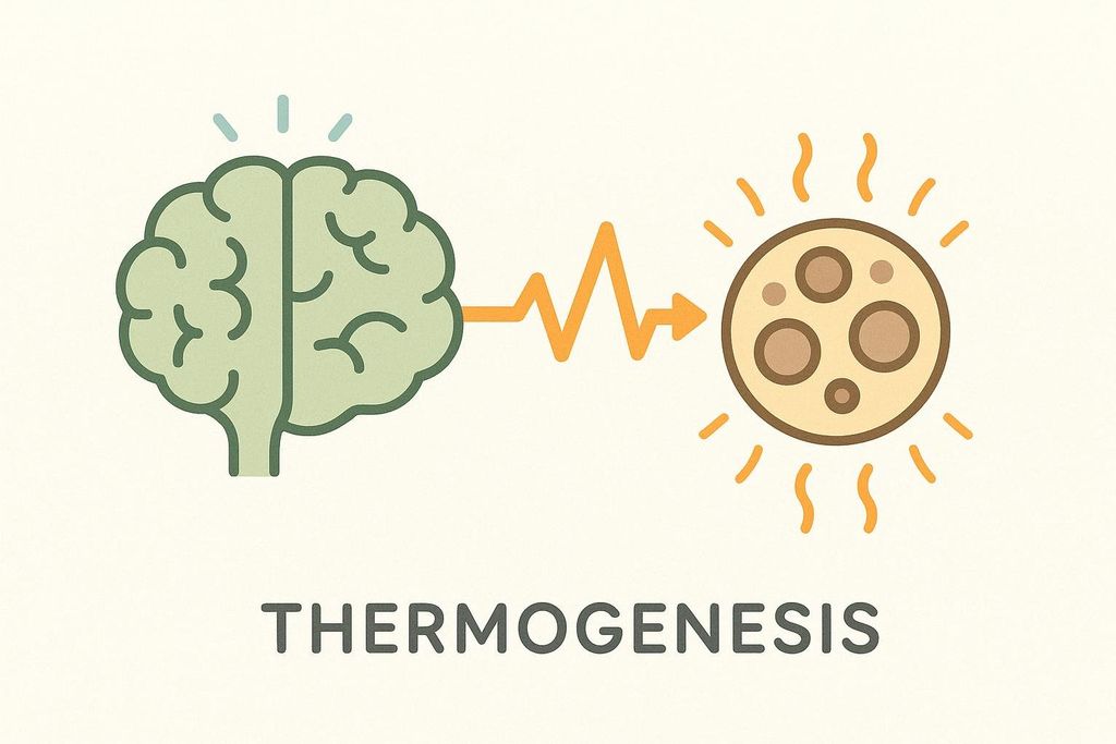 An illustration showing a green brain on the left sending a signal (represented by an orange wavy line and arrow) to a circular orange and brown shape on the right, which is emitting heat waves. Below the illustration, the word "THERMOGENESIS" is written in dark gray.