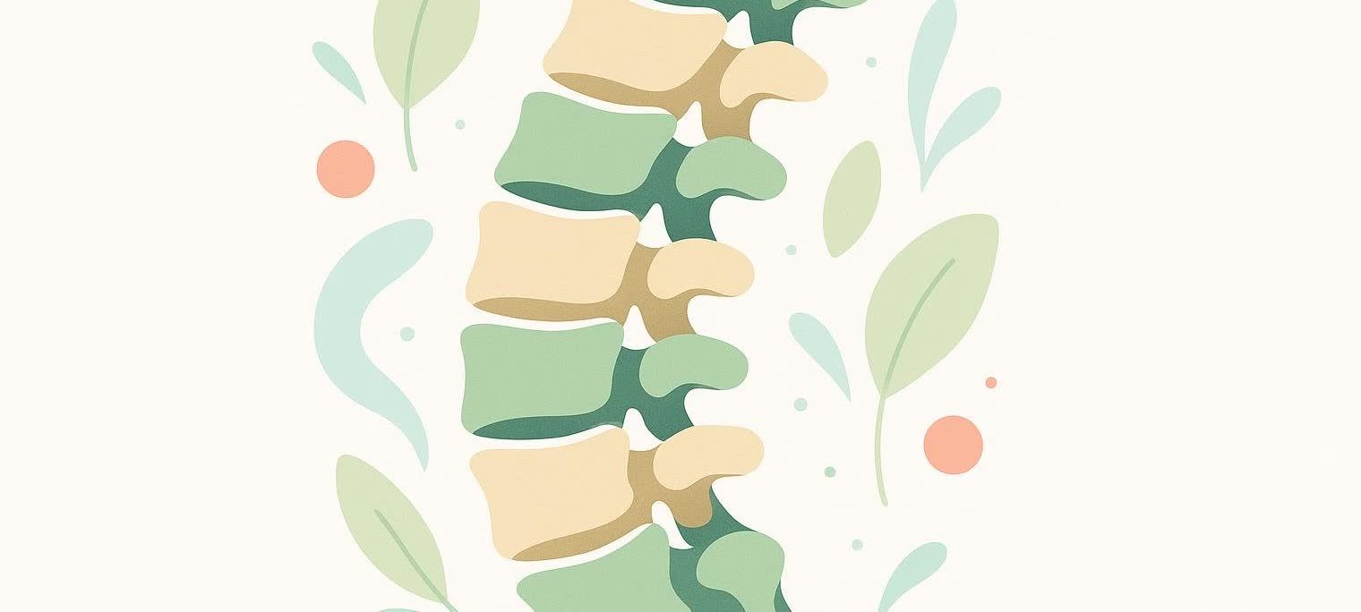 An abstract illustration of a flexible human spine depicted with light green and beige vertebrae, surrounded by various organic shapes like leaves and dots in complementary pastel colors on a light background.