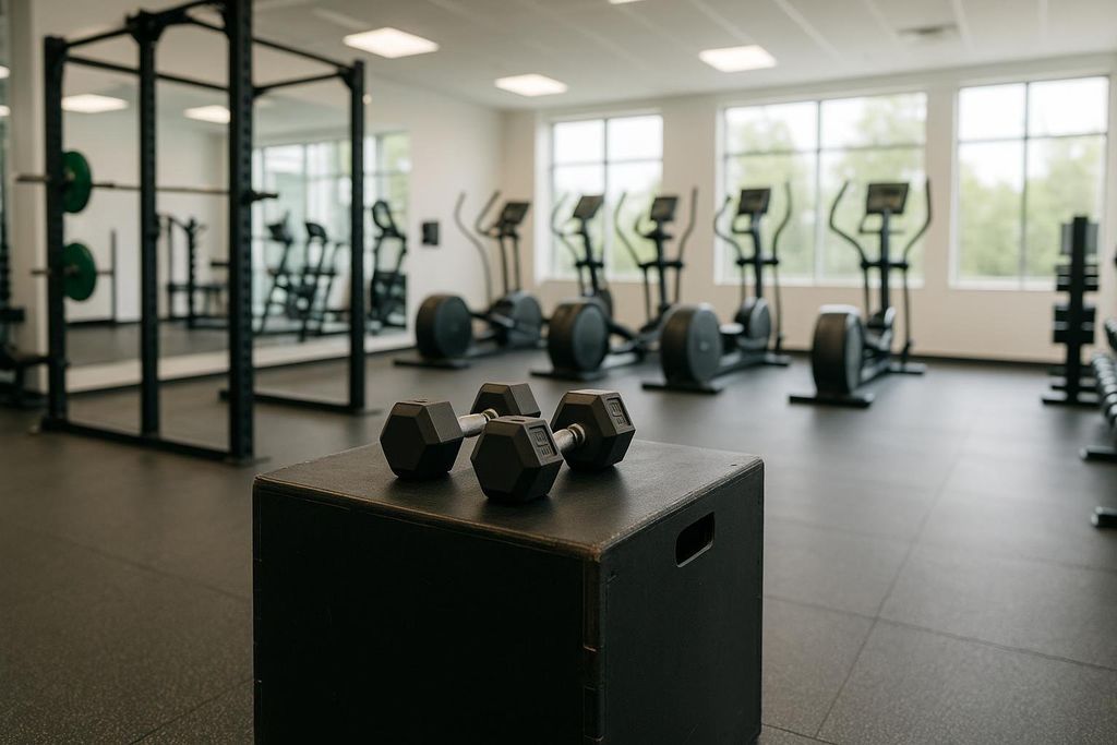 Dumbbells resting on a gym plyometric box for lower body exercises