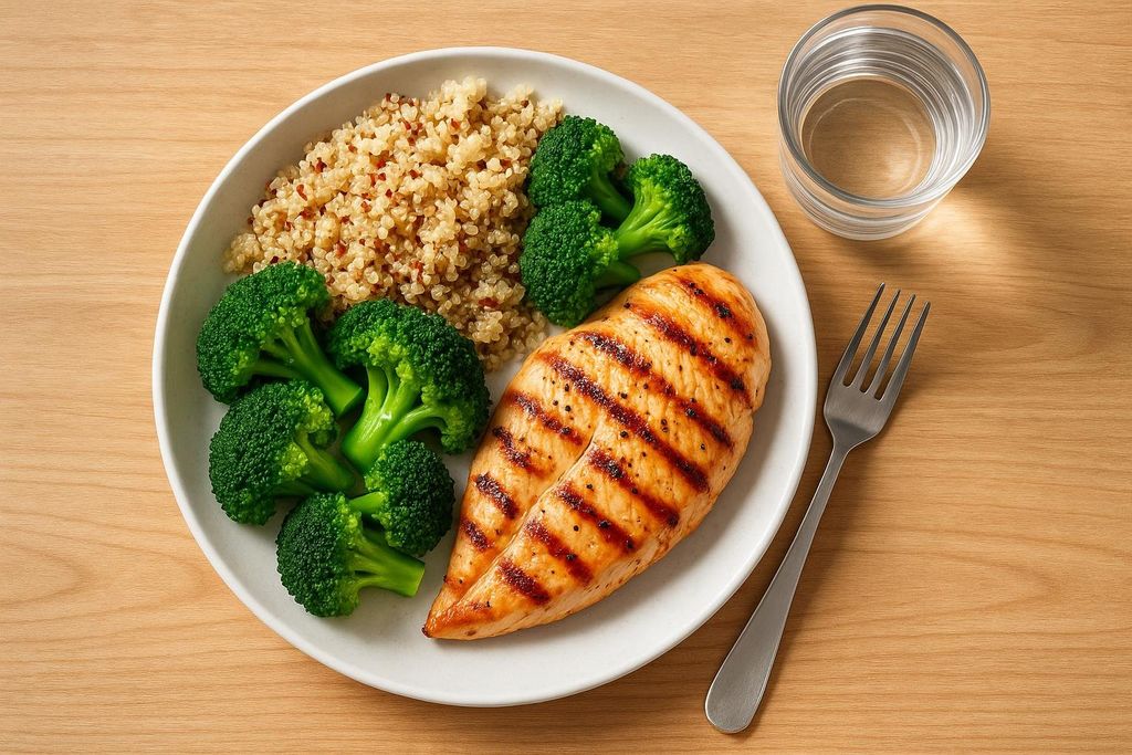 A white plate filled with a grilled chicken breast, a serving of quinoa, and fresh broccoli florets, accompanied by a glass of water and a fork, all resting on a light wooden table.