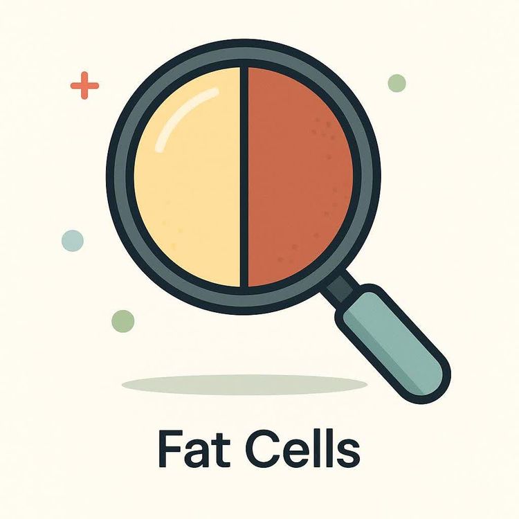 An illustration of a magnifying glass with the text "Fat Cells" below it. The magnifying glass shows a split view, with one half yellow and the other half reddish-brown like cellular layers.
