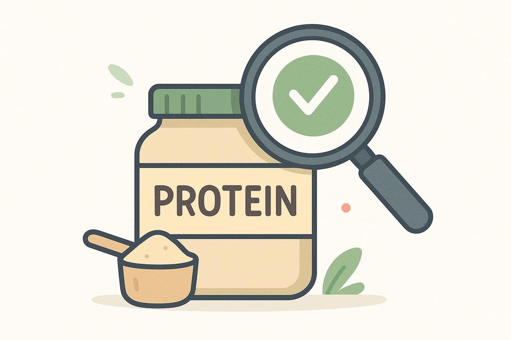 An illustration showing a jar of protein powder with a scoop full of powder next to it. A magnifying glass with a green checkmark inside it is superimposed over the jar, suggesting quality control or inspection.