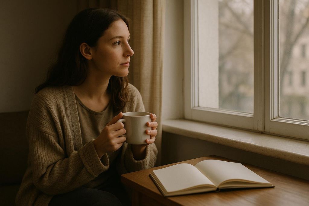 A woman with long brown hair, wearing neutral-colored clothing, holds a mug and gazes thoughtfully out a window. An open journal with blank pages rests on a wooden table beside her.