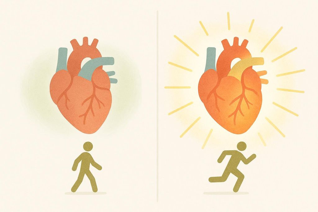 An illustration comparing the cardiovascular benefits of walking and running. On the left, a heart has a soft glow above a walking stick figure. On the right, a heart has a bright, intense glow above a running stick figure, symbolizing greater cardio benefits from running.