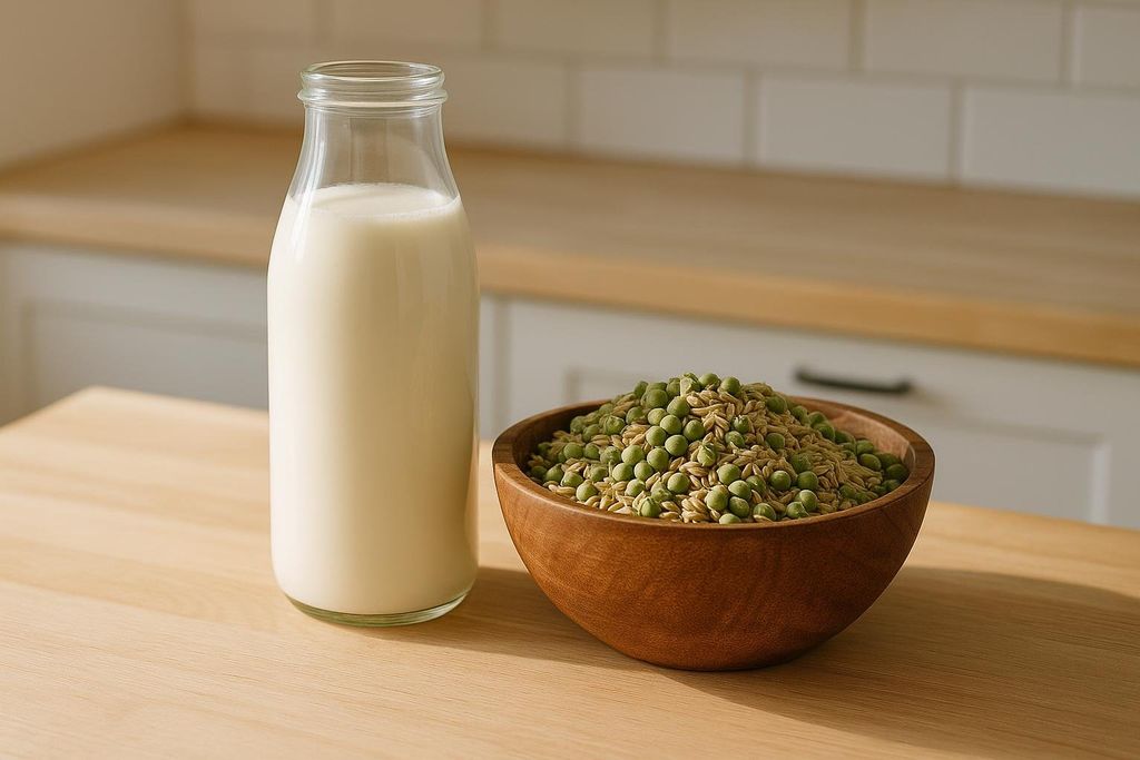 A glass bottle filled with milk is placed next to a wooden bowl containing green peas and brown rice on a wooden countertop in a kitchen. The background shows light-colored cabinets and countertops.