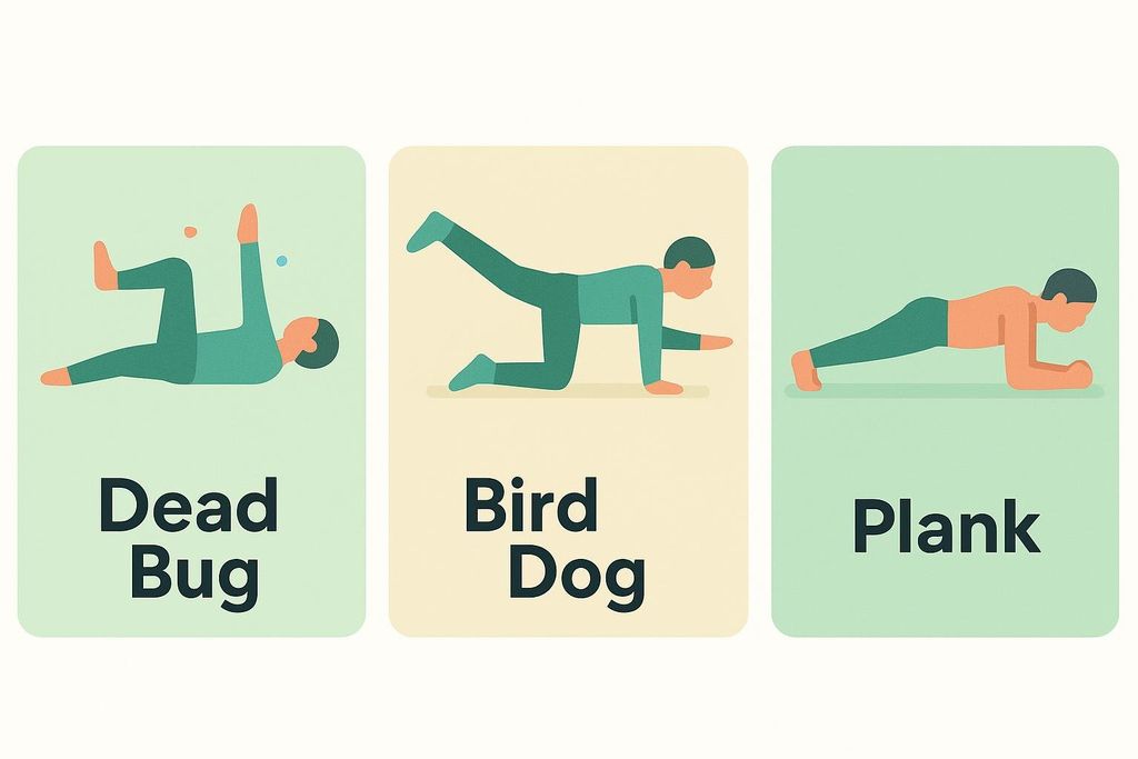 Infographic showing three core exercise icons side by side, from left to right: the Dead Bug, the Bird Dog, and the Plank. The Dead Bug icon shows a person lying on their back with arms and legs raised. The Bird Dog icon depicts a person on all fours, extending one arm forward and the opposite leg backward. The Plank icon shows a person holding a plank position on their forearms and toes.