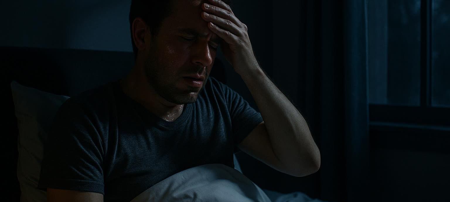 A man looking distressed with sweat on his face and chest, awake in bed at night, indicating severe night sweats.