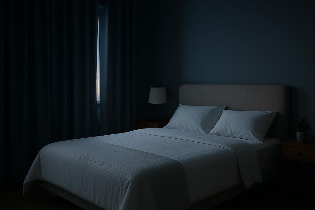 A dimly lit bedroom with dark blue walls, a bed with white bedding, and tall closed blackout curtains. A small strip of light peeks through the curtains on the left, next to a small lamp on a bedside table.