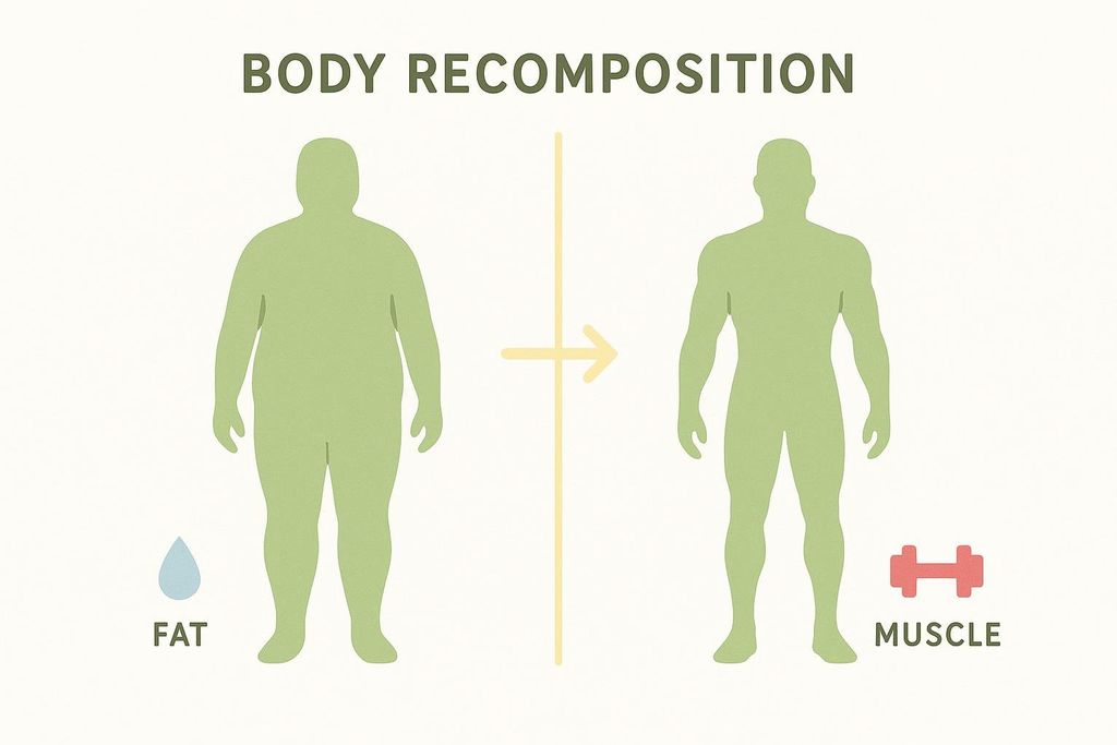 An infographic illustrating body recomposition, showing a silhouette of a person on the left with more body fat and an icon representing fat, transitioning to a silhouette on the right with less body fat and more muscle definition, alongside an icon representing muscle. The overall body size appears similar.