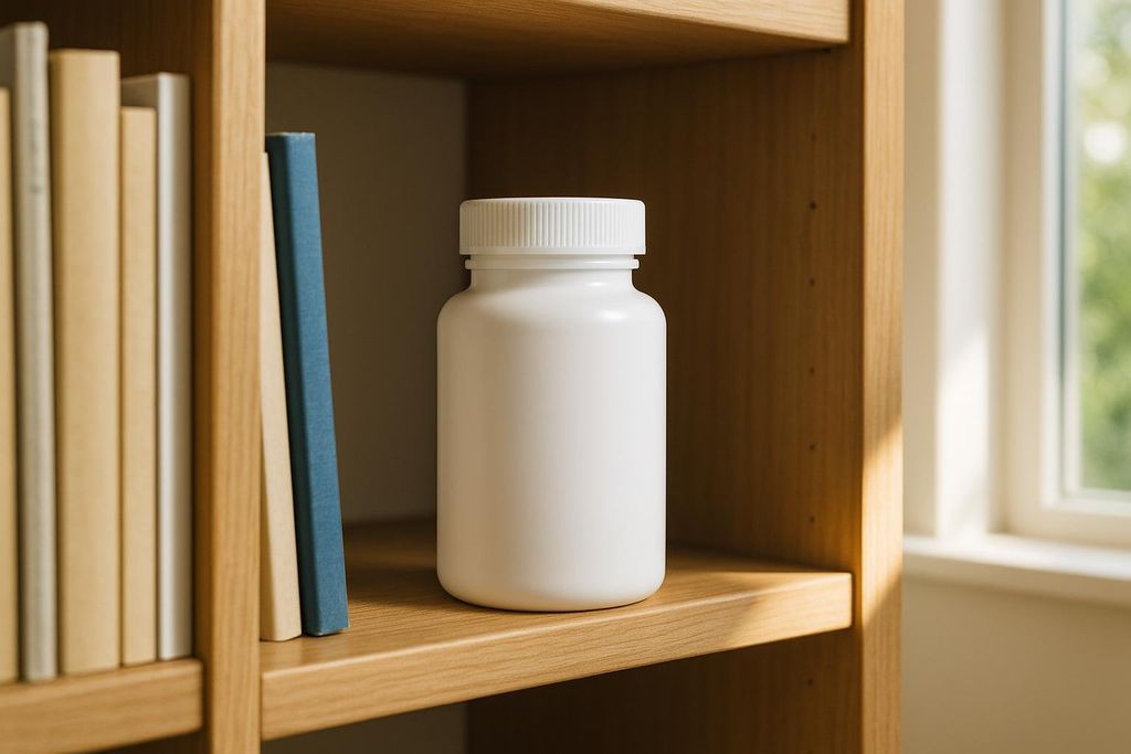 A plain white pill bottle with a ribbed white cap sits on a wooden shelf next to a stack of books. A bright window is visible in the background on the right.