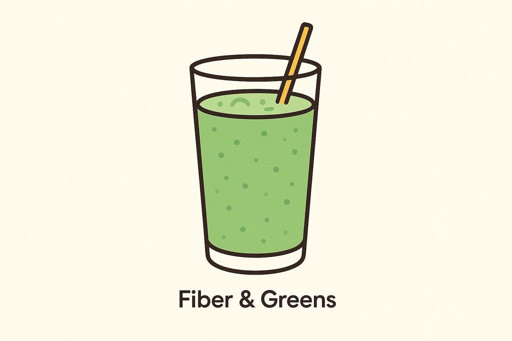 Illustration of a green smoothie in a clear glass with a yellow straw, labeled 'Fiber & Greens' below it.