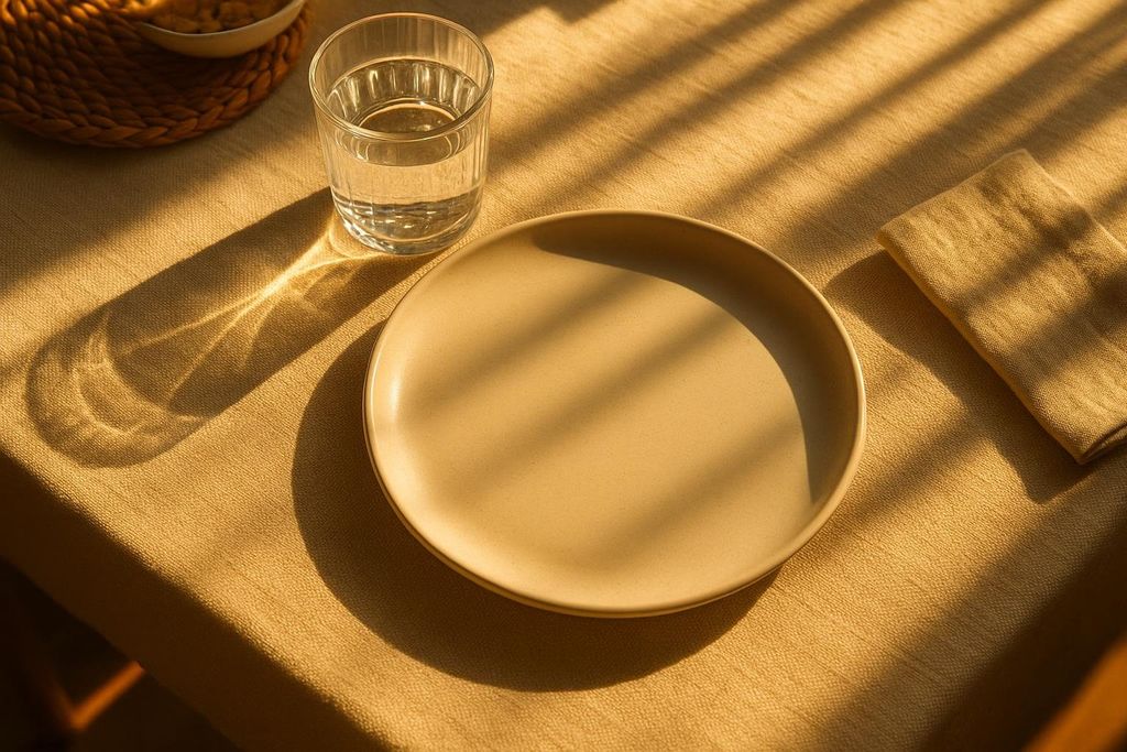 An empty beige plate, a glass of water, and a folded napkin on a golden tablecloth, bathed in dappled morning sunlight filtering through blinds.