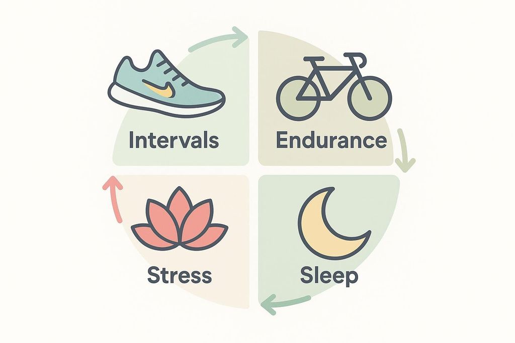 A four-part diagram illustrating factors affecting heart rate recovery. The top left shows a running shoe with 'Intervals'. Top right shows a bicycle with 'Endurance'. Bottom left shows a lotus flower with 'Stress'. Bottom right shows a crescent moon with 'Sleep'. Arrows connect these elements in a circular flow.