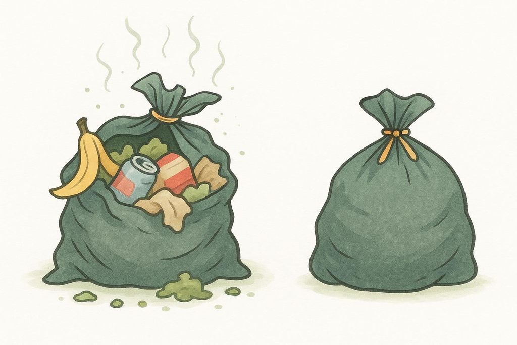 An illustration comparing an open, overflowing trash bag with food waste and a soda can, emitting wavy stink lines, next to a neatly tied, full trash bag that shows no contents or odor.