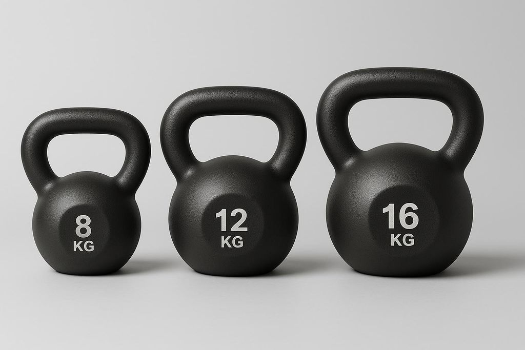 Three black kettlebells of increasing size are lined up on a light gray surface, from smallest to largest on the left to right. The first kettlebell is 8 kg, the middle is 12 kg, and the largest is 16 kg. White numbers and 'KG' text are visible on each kettlebell.