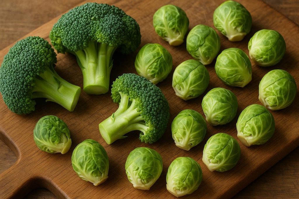 Several fresh heads of broccoli and numerous brussels sprouts are arranged on a wooden cutting board.