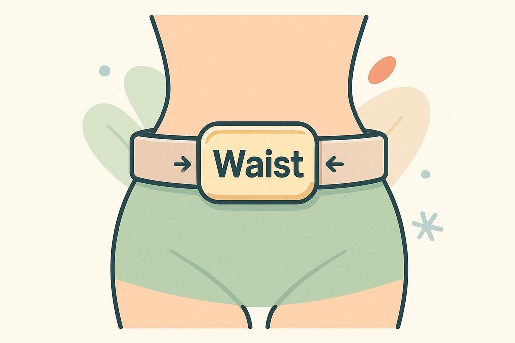 An illustration showing a belt around a person's waist, with the word 'Waist' written on the buckle and arrows pointing left and right from the word, indicating the area for waist measurement.
