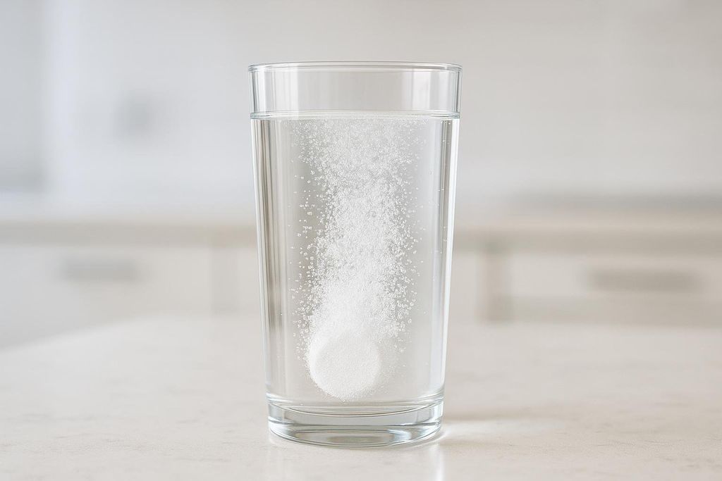 An electrolyte tablet fizzing and dissolving in a clear glass of water, with a blurry light-colored background.