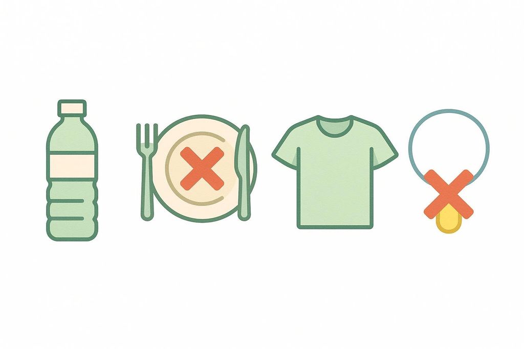 Four icons demonstrating preparation for a body scan: a water bottle for hydration, a plate with an 'X' indicating no large meals, a t-shirt representing clothing without metal, and a necklace with an 'X' representing no jewelry.