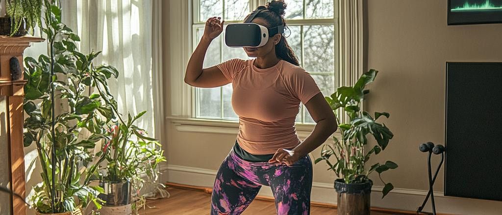 A woman wearing a VR headset and exercise clothes works out in her living room.