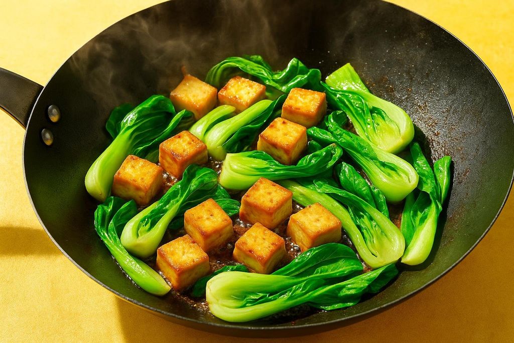 A close-up view of golden brown tofu cubes and bright green bok choy cooking in a black wok. Steam is rising from the sizzling dish.