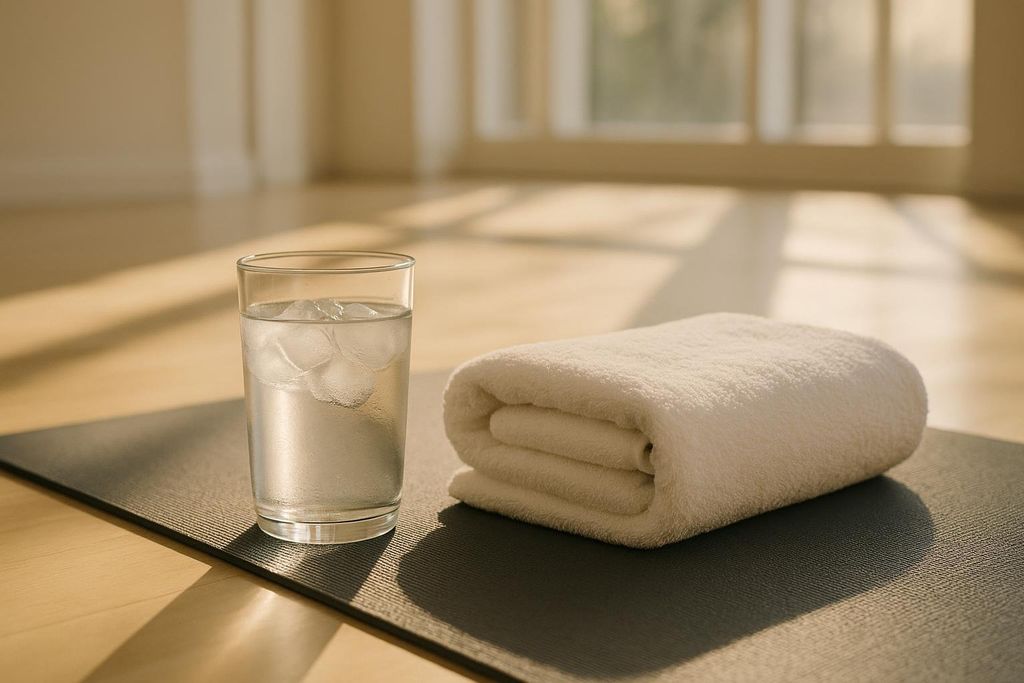 A clear glass of water with ice and a neatly folded white towel rest on a black yoga mat. Sunlight streams in from a window in the background, illuminating the scene.
