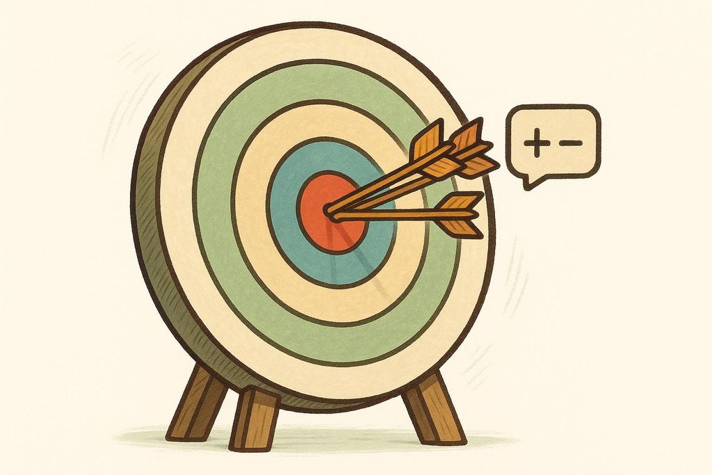 A stylized illustration of a bullseye target with three arrows clustered tightly in the red center. A speech bubble next to the target contains a black plus-minus symbol, suggesting accuracy or precision.