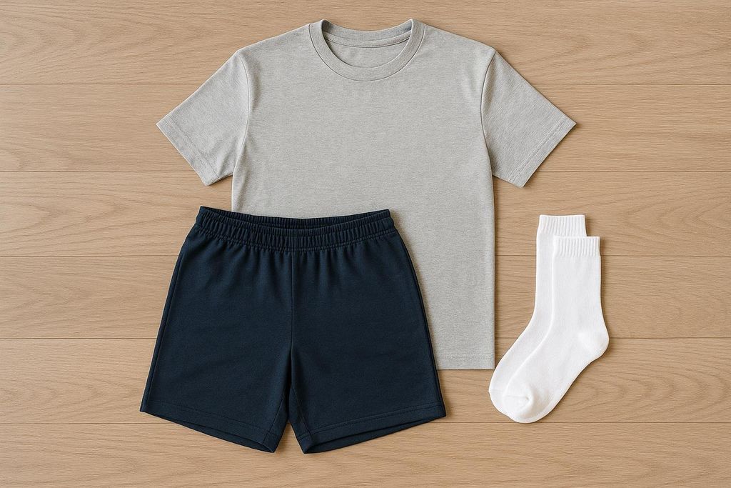 A flat lay of metal-free clothing suitable for a DEXA scan, including a light grey t-shirt, dark blue shorts, and white socks, arranged on a wooden background.