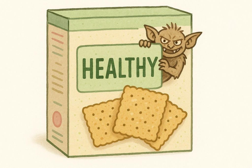 An illustration of a box of crackers labeled "HEALTHY" with a mischievous gremlin peering over the edge.