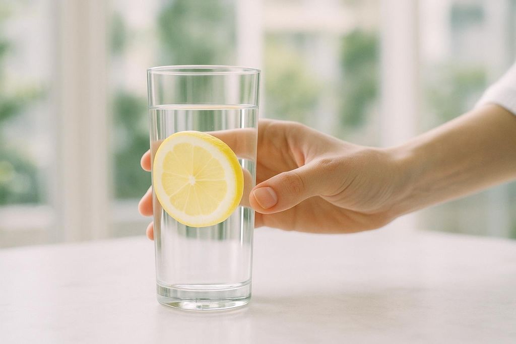 A person's hand holding a clear glass of water with a slice of lemon against a blurred, light background, suggesting hydration and freshness.