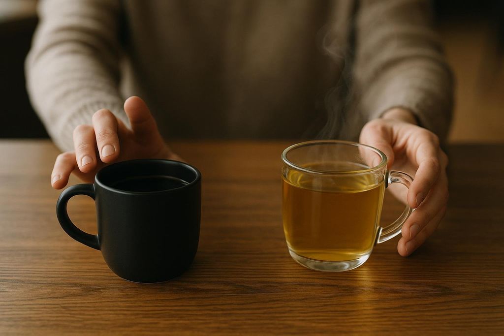 A person's hands are shown reaching towards two mugs on a wooden table. One mug is a black, opaque coffee cup, and the other is a clear glass mug filled with steaming herbal tea, suggesting a choice to reduce caffeine.