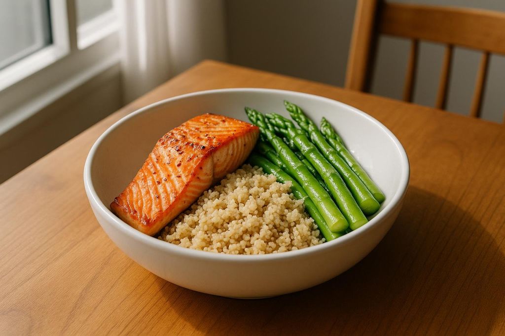 A white bowl containing a healthy meal with a cooked salmon fillet, a serving of quinoa, and several stalks of green asparagus, set on a wooden table near a window.