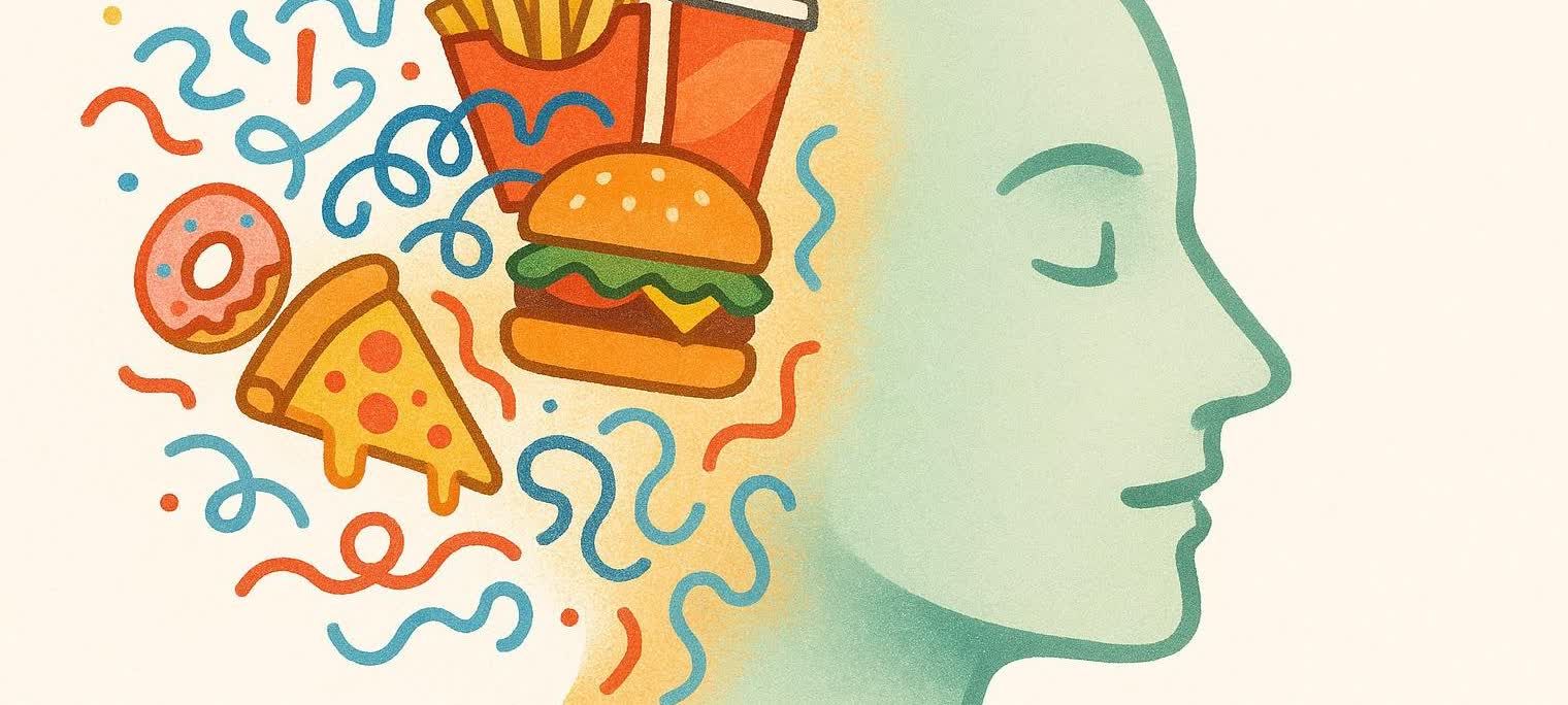 An abstract illustration depicting the side profile of a human head. On the left side of the head, various fast food items like a donut, pizza slice, hamburger, fries, and a soda cup are shown amidst colorful, chaotic squiggly lines, representing disordered food thoughts. The right side of the head is calm, serene, and empty, suggesting a state of peace or focus when free from these thoughts.
