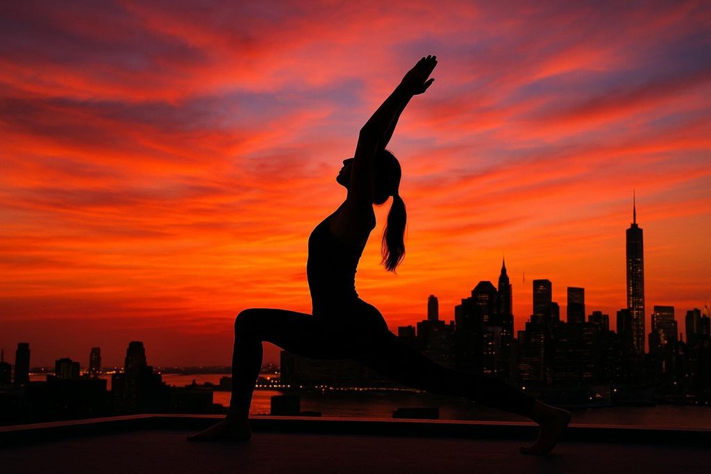 Silhouette of a woman performing a yoga pose with arms raised on a city rooftop, framed by a vibrant orange and red sunset over a distant skyline.