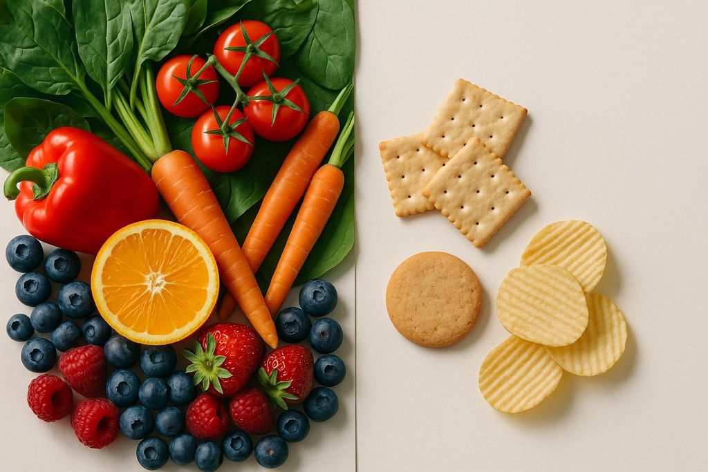 Split image comparing vibrant whole foods including spinach, carrots, bell pepper, tomatoes, blueberries, raspberries, strawberries, and an orange slice with muted processed foods including crackers, a cookie, and potato chips.