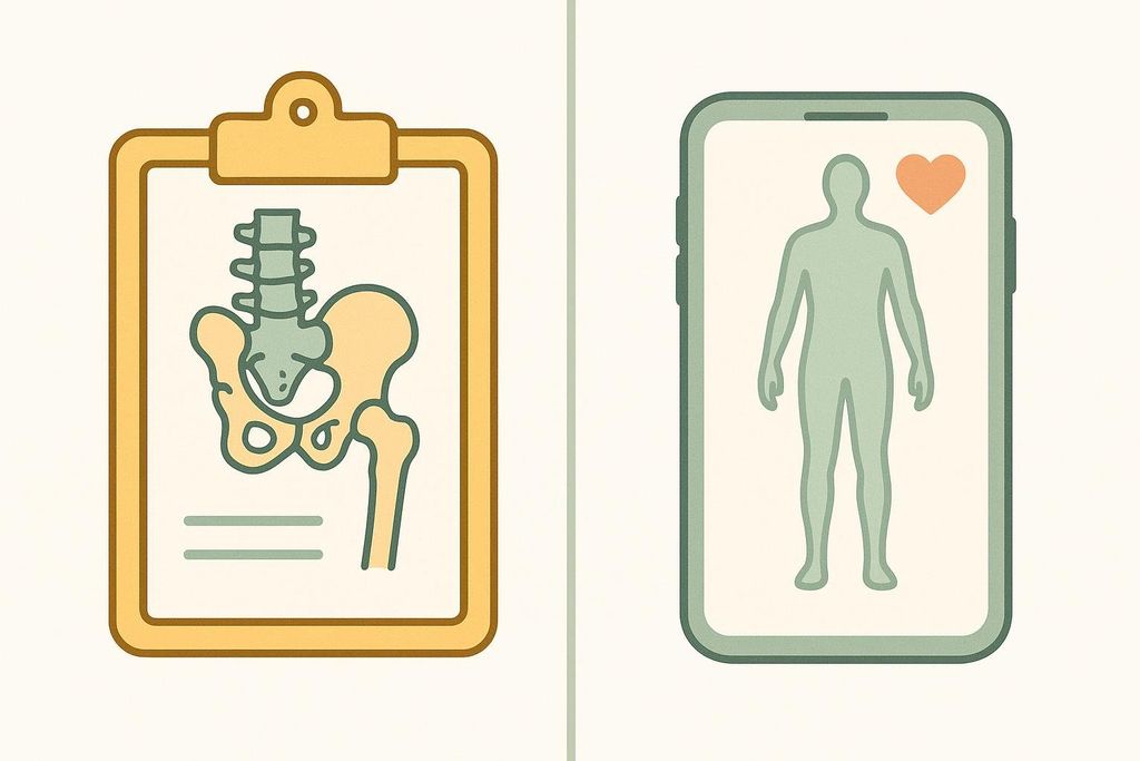 An illustration comparing diagnostic DXA to wellness tracking. On the left, a clipboard shows a detailed skeletal diagram of a pelvis and upper femur. On the right, a smartphone screen displays a full body outline with a red heart icon.