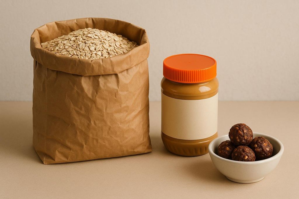 A brown paper bag full of bulk oats, a jar of plain peanut butter with an orange lid, and a small white bowl of chocolate energy bites, all on a beige surface.