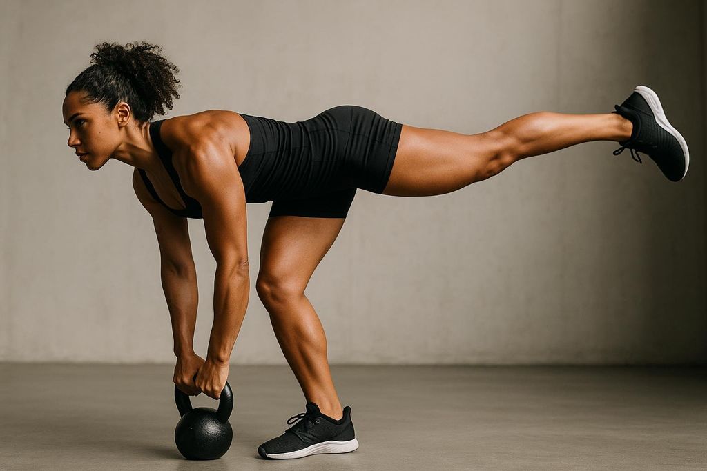 A woman performing a single-leg Romanian deadlift (RDL) with a kettlebell. She maintains a flat back and a long, extended back leg, showing excellent form for hamstring and glute training.