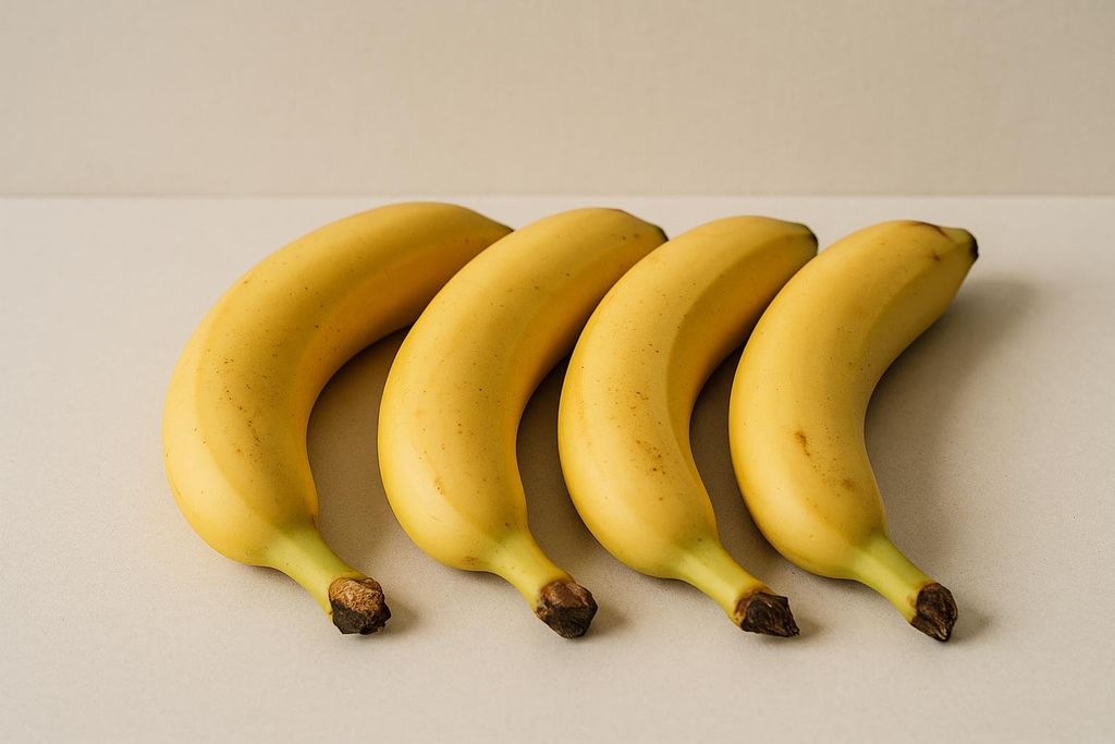 Four yellow bananas on a light surface used to illustrate the low radiation dose of a DEXA scan.
