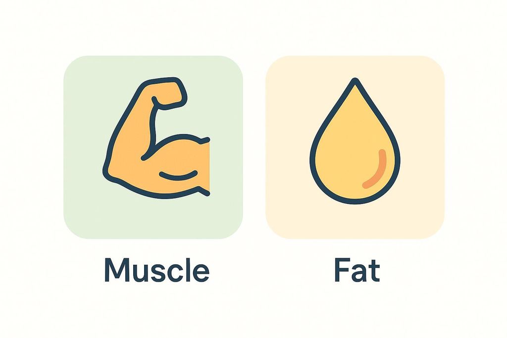 Illustration showing muscle and fat icons for body composition tracking. The muscle icon is a flexed bicep, and the fat icon is a drop of yellow liquid.