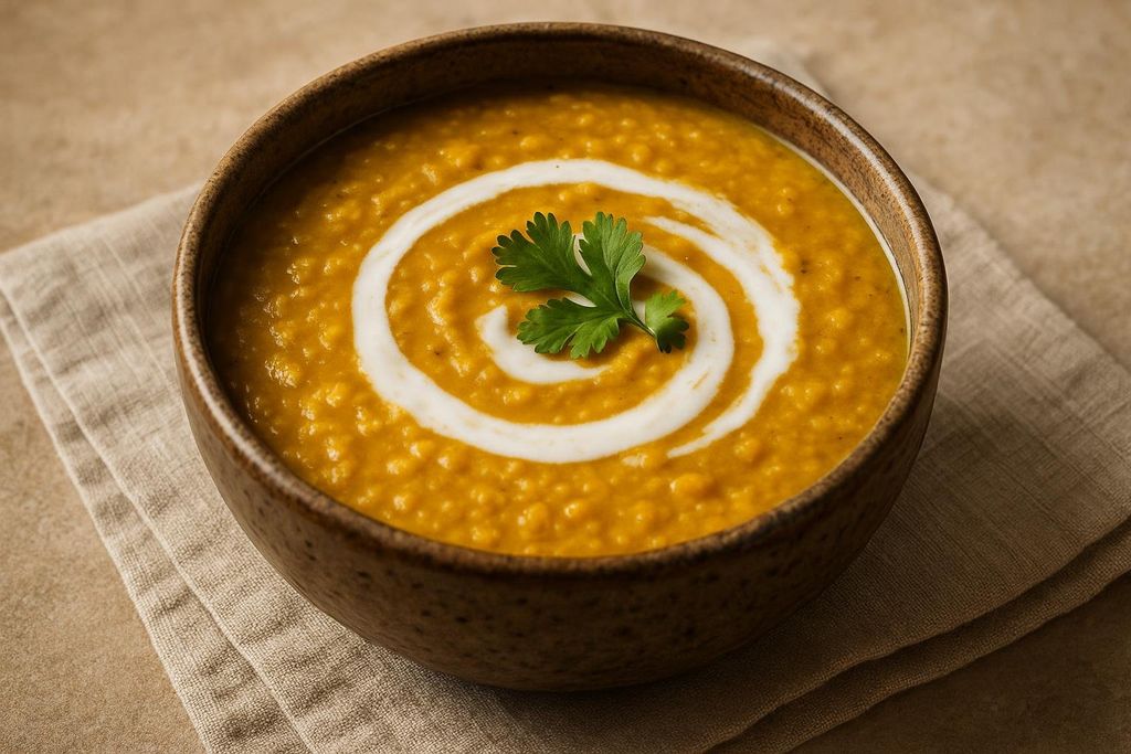 A bowl of creamy yellow lentil dhal garnished with a swirl of coconut milk and fresh cilantro leaves on top, sitting on a textured beige napkin.