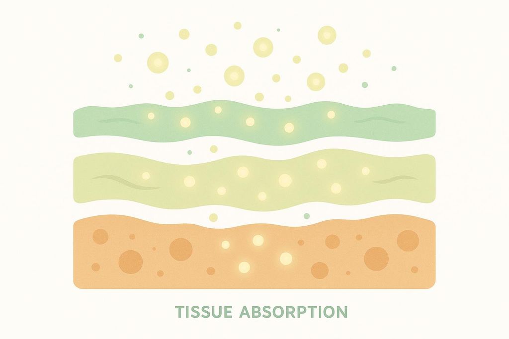 An abstract illustration depicting tissue absorption, with light yellow circles representing cells or particles moving through and being absorbed into three layered, wavy, colored tissues, labeled 'TISSUE ABSORPTION' at the bottom.
