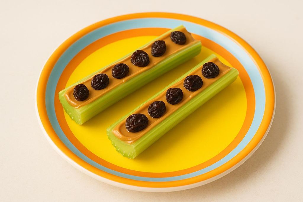 Two pieces of celery with sunflower butter and raisins arranged on a yellow plate with orange and blue stripes.