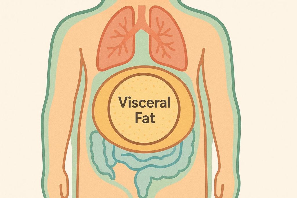 An illustration showing a cross-section of a human torso with lungs and intestines visible. A large, circular area in the center of the abdomen is highlighted in yellow and labeled 'Visceral Fat'.