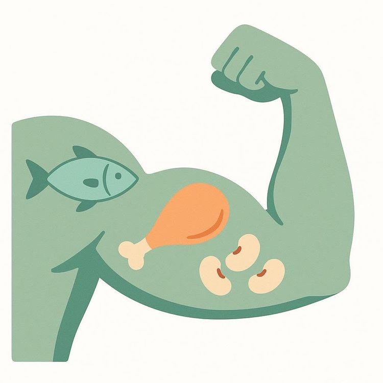 An illustration of a muscular arm flexing, with a fish, a chicken drumstick, and three beans drawn on the bicep. This represents protein-rich foods contributing to muscle strength.