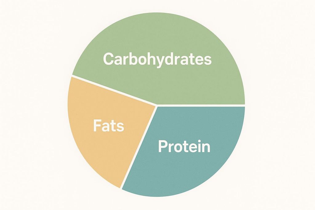 A pie chart graphic with three slices labeled 'Carbohydrates' (green), 'Fats' (orange), and 'Protein' (teal), illustrating daily macronutrient targets.