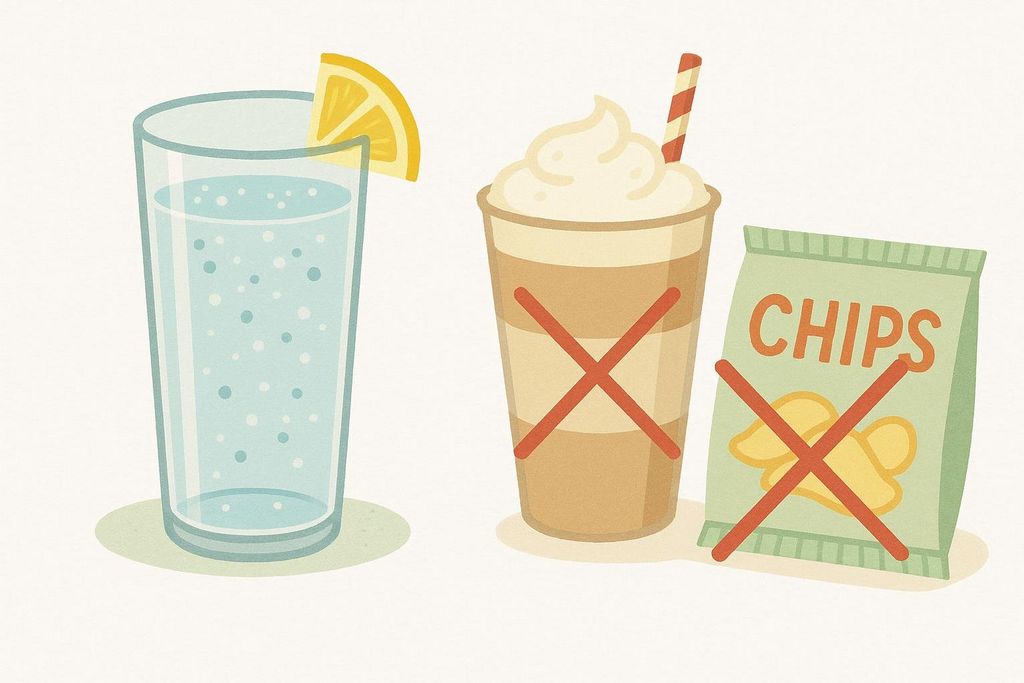 An illustration showing a glass of water with a lemon slice next to a sugary drink and bag of chips, both with red X's indicating they are unhealthy choices. The water represents a healthy beverage.