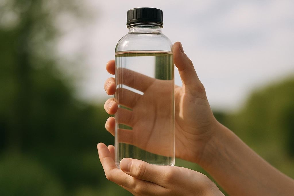 Two hands holding a clear reusable water bottle filled with water, against a blurred green and light background.