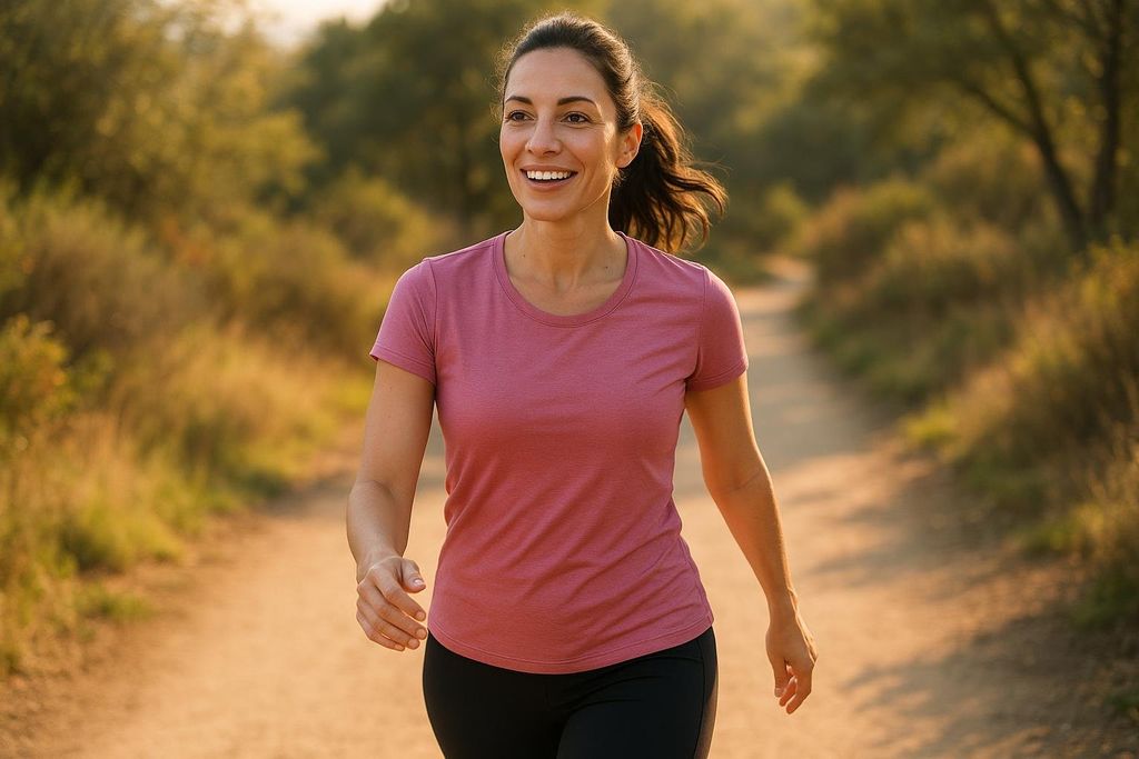 A smiling woman fast-walking on an outdoor dirt trail with trees and brush in the background.