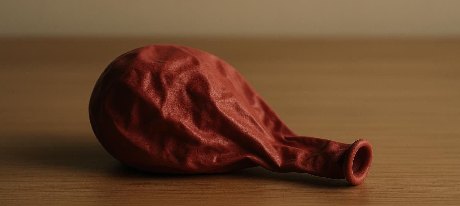 A deflated red balloon rests on a wooden table, its wrinkled surface and limp form suggesting the loss of its former volume. The light source creates subtle shadows, emphasizing the texture of the balloon and the grain of the table.